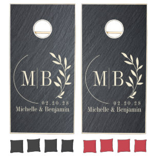 Smooth Dark Granite Leaf Wedding Monogram Cornhole Set