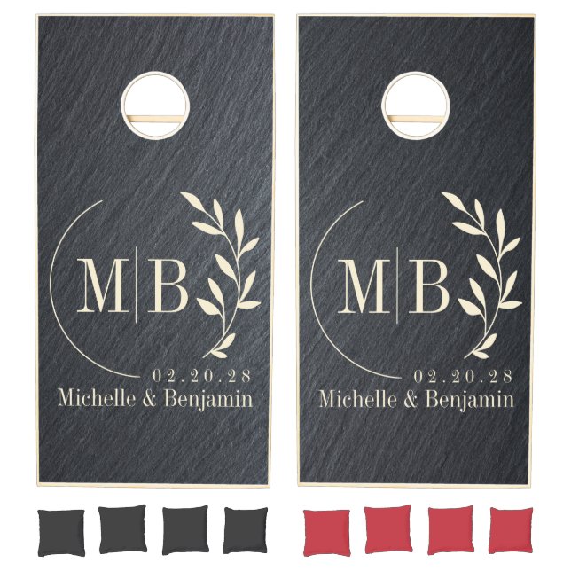 Smooth Dark Granite Leaf Wedding Monogram Cornhole Set (Set)