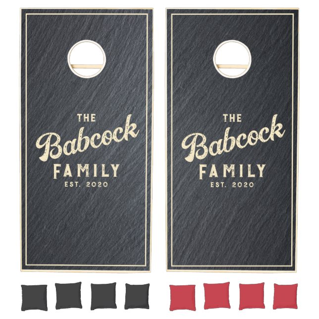 Smooth Dark Granite Stone Retro Family Name & Year Cornhole Set (Set)