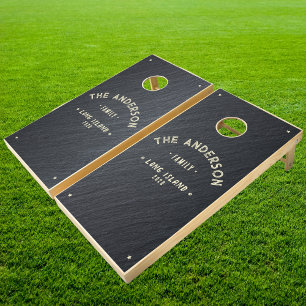 Smooth Dark Granite Vintage Seaside Family Name Cornhole Set