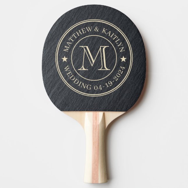 Smooth Dark Granite Wedding Monogram Star Ping Pong Paddle (Front)