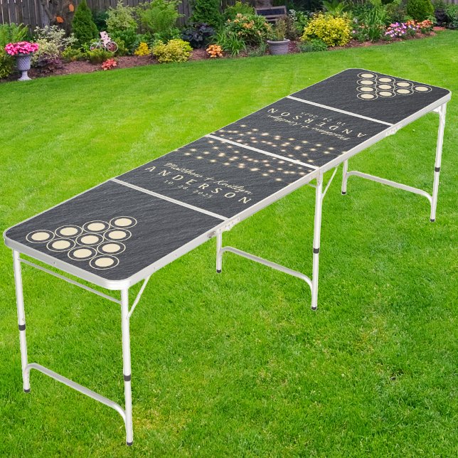 Smooth Dark Granite Wedding String Lights & Name Beer Pong Table (Creator Uploaded)