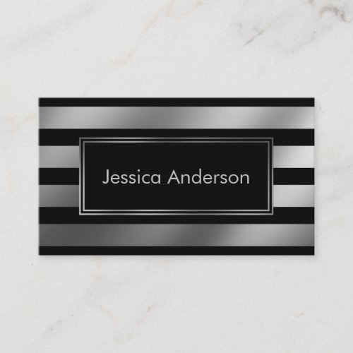 Smooth Faux Silver Foil Metallic and Black Stripes Business Card