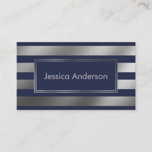 Smooth Faux Silver Foil Metallic and Navy Stripes Business Card