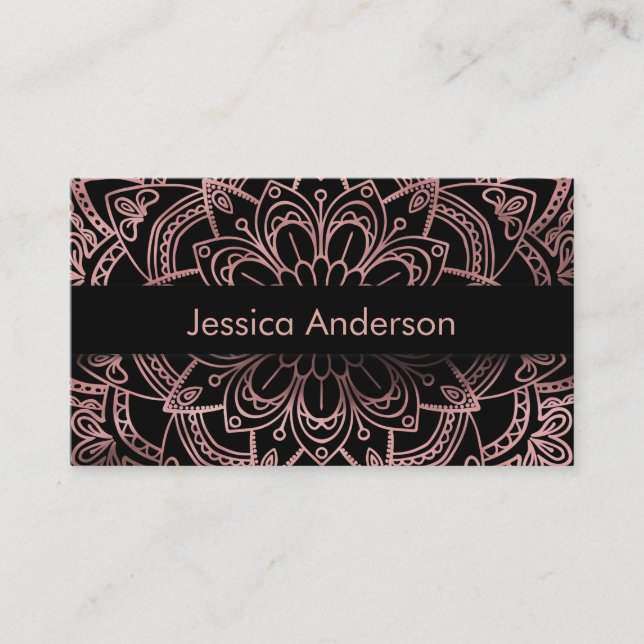 Smooth Rose Gold Foil Mandala Over Black Business Card (Front)