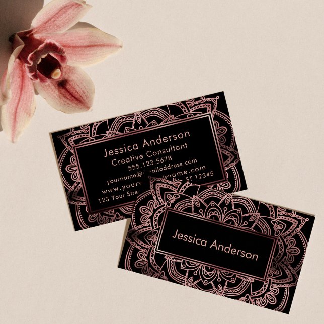 Smooth Rose Gold Foil Mandala Over Black Business Card (Creator Uploaded)