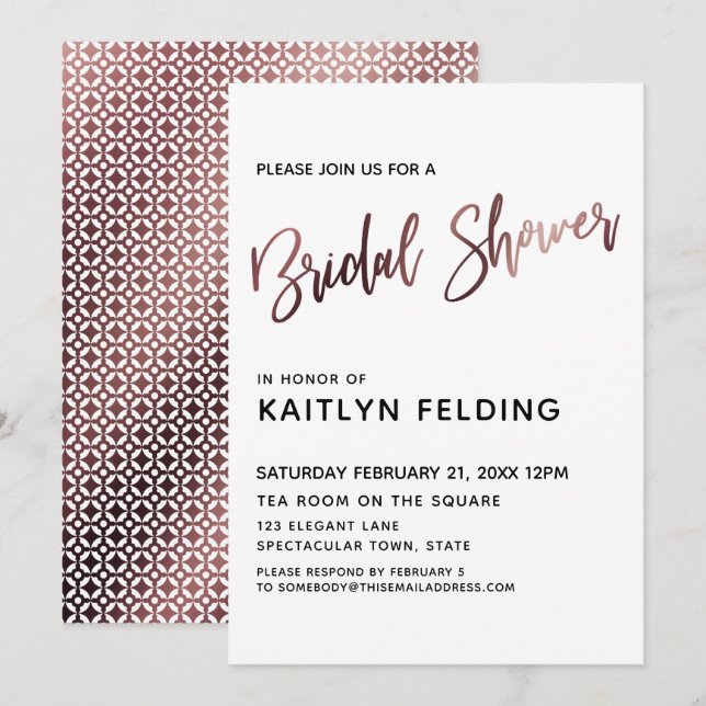 Smooth Rose Gold Ombre Bridal Shower Typography Invitation (Front/Back)