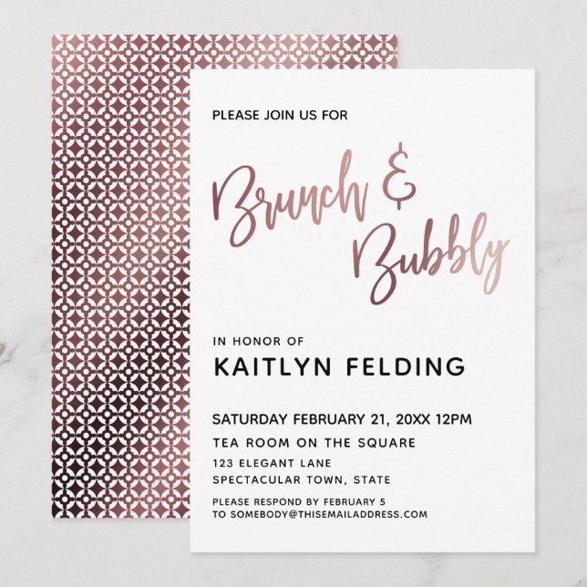 Smooth Rose Gold Ombre Brunch & Bubbly Typography Invitation (Front/Back)