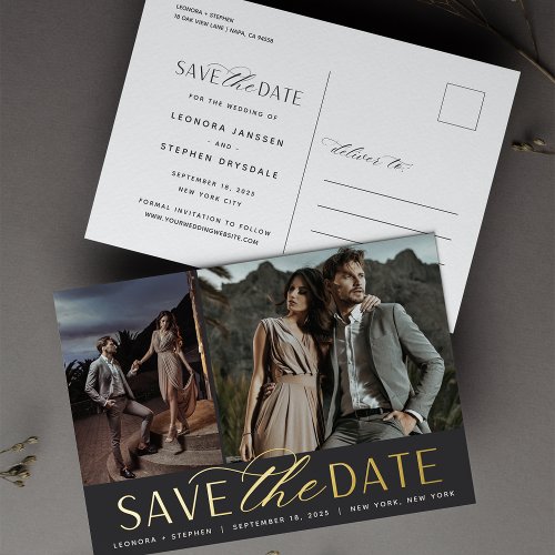 Smooth Script  2 Photo Wedding Save the Date Foil Invitation Postcard