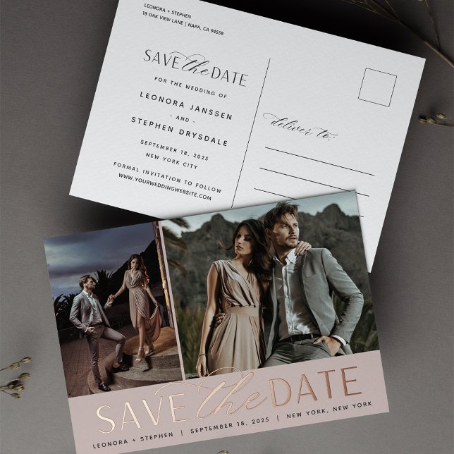 Smooth Script | 2 Photo Wedding Save the Date Foil Invitation Postcard (Creator Uploaded)