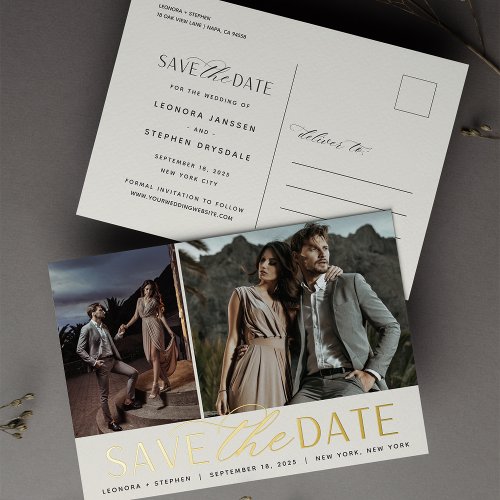 Smooth Script  2 Photo Wedding Save the Date Foil Invitation Postcard