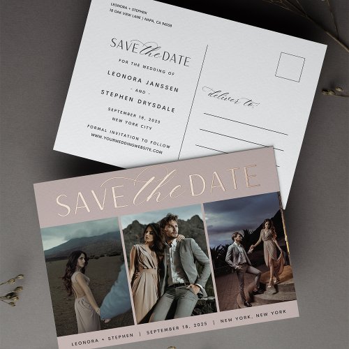 Smooth Script  3 Photo Wedding Save the Date Foil Invitation Postcard