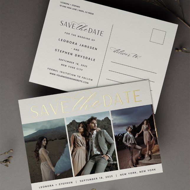 Smooth Script | 3 Photo Wedding Save the Date Foil Invitation Postcard (Creator Uploaded)