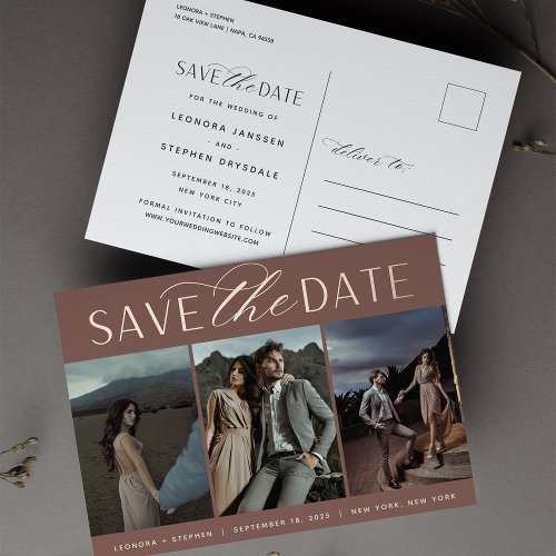 Smooth Script  3 Photo Wedding Save the Date Foil Invitation Postcard