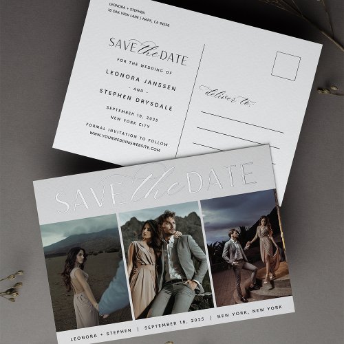 Smooth Script  3 Photo Wedding Save the Date Foil Invitation Postcard
