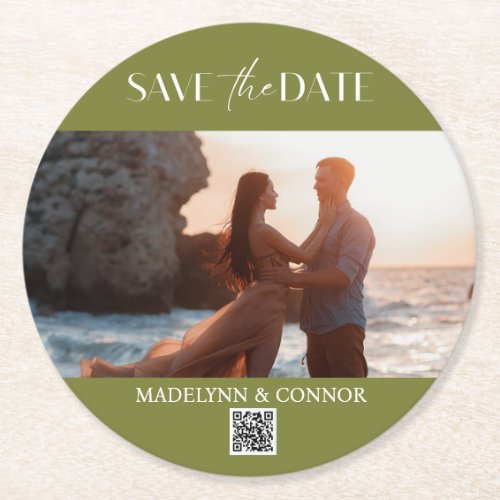 Smooth Script Photo QR Code Save the Date  Round Paper Coaster