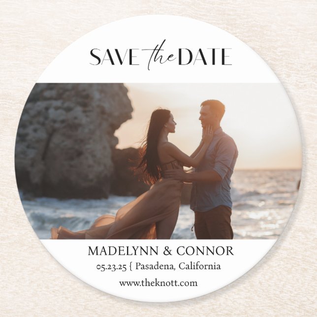 Smooth Script Photo Save the Date Round Paper Coas Coaster (Front)
