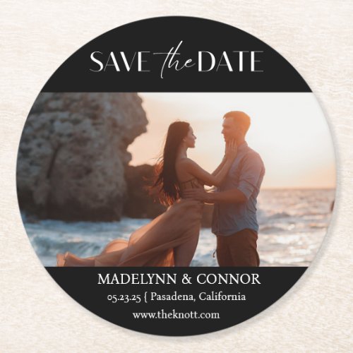Smooth Script Photo Save the Date Round Paper Coas Round Paper Coaster
