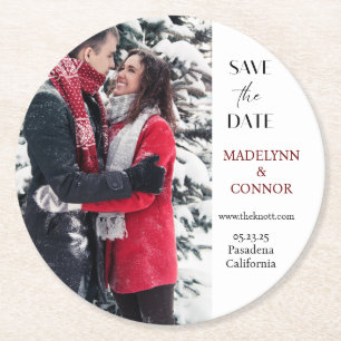 Smooth Script Photo Save the Date Round Paper Coas Round Paper Coaster