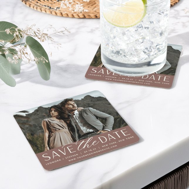 Smooth Script | Photo Save the Date Square Paper Coaster (Creator Uploaded)