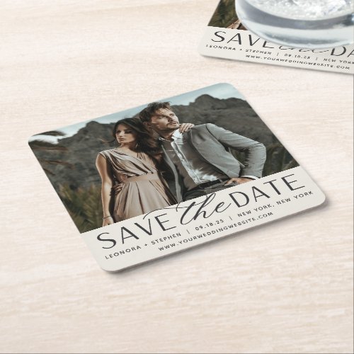 Smooth Script  Photo Save the Date Square Paper Coaster