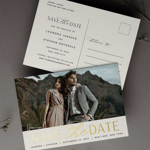 Smooth Script  Photo Wedding Save the Date Foil Invitation Postcard