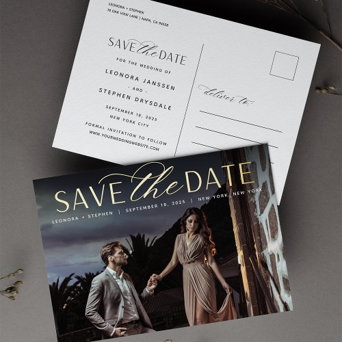 Smooth Script  Photo Wedding Save the Date Foil Invitation Postcard
