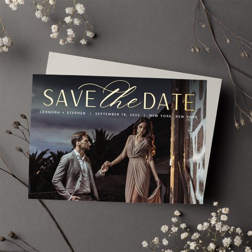 Smooth Script  Single Photo Save the Date Foil Invitation