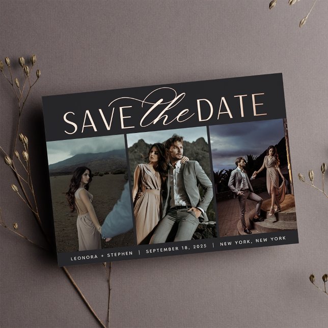 Smooth Script | Three Photo Save the Date Foil Invitation (Creator Uploaded)