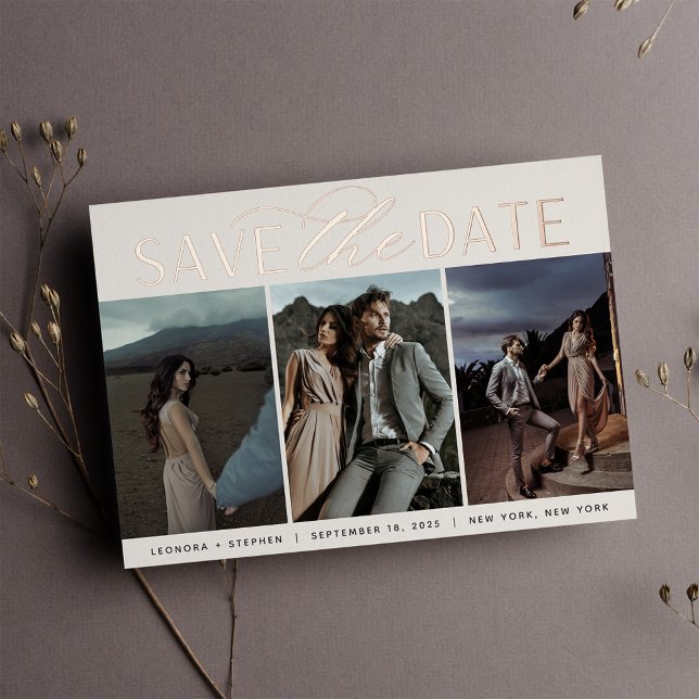 Smooth Script | Three Photo Save the Date Foil Invitation (Creator Uploaded)