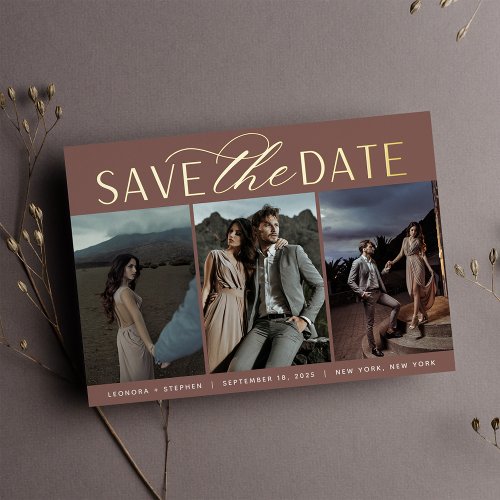 Smooth Script  Three Photo Save the Date Foil Invitation