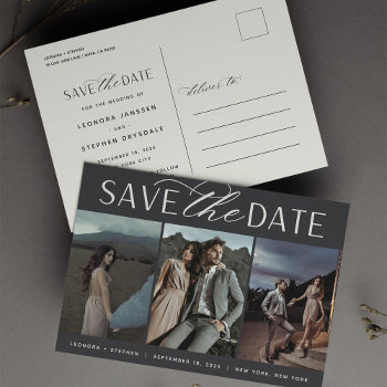 Smooth Script | Three Photo Wedding Save The Date Announcement Postcard by RedwoodAndVine at Zazzle
