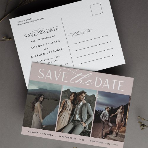 Smooth Script  Three Photo Wedding Save the Date Announcement Postcard