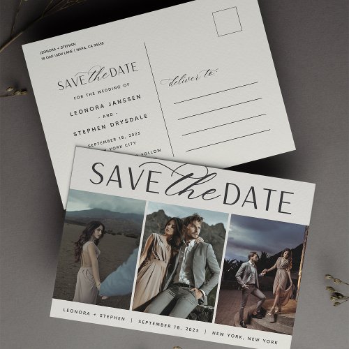 Smooth Script  Three Photo Wedding Save the Date Announcement Postcard