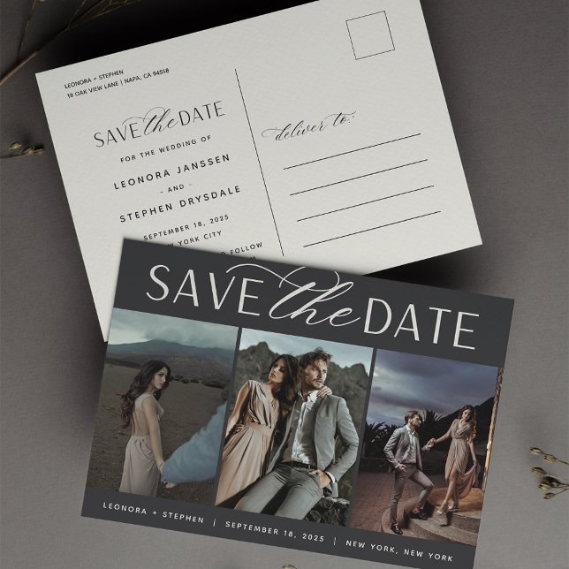 Smooth Script | Three Photo Wedding Save the Date Announcement Postcard (Creator Uploaded)