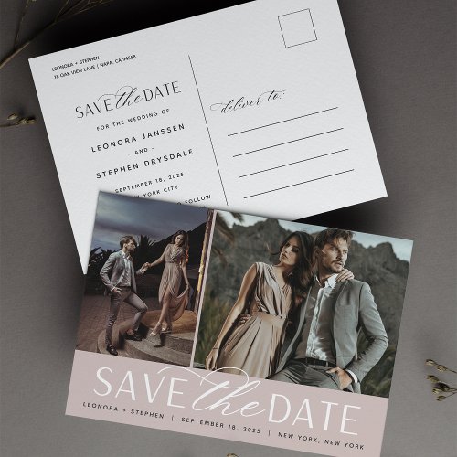 Smooth Script  Two Photo Wedding Save the Date Announcement Postcard