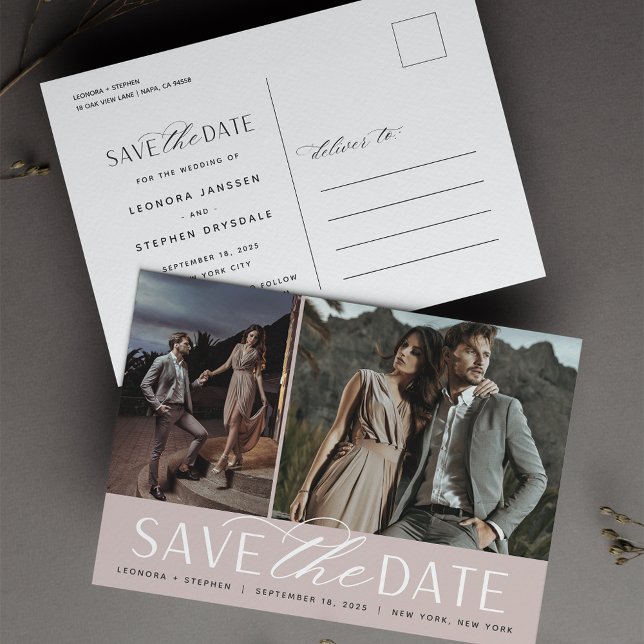 Smooth Script | Two Photo Wedding Save the Date Announcement Postcard (Creator Uploaded)