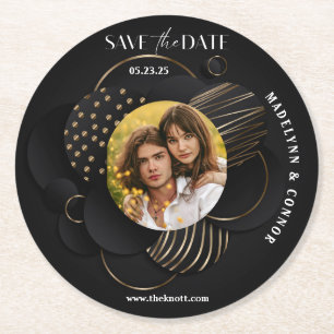 Smooth Script Vertical Photo Save the Date Round Paper Coaster