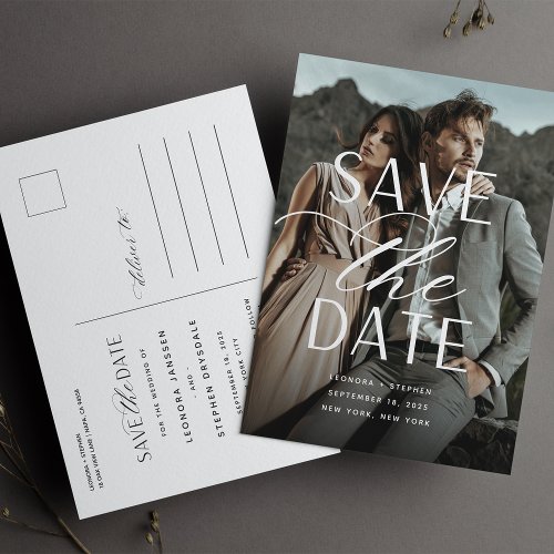 Smooth Script Vertical Photo Wedding Save the Date Announcement Postcard