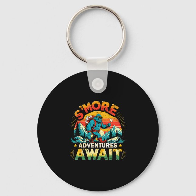 Smor adventures await funny bigfoot camping keychain (Front)