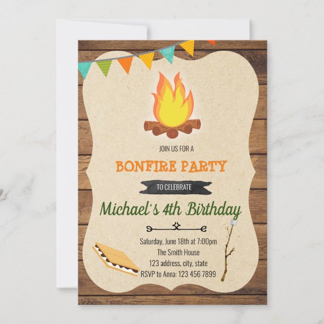 S'more bonfire birthday party invitation (Front)