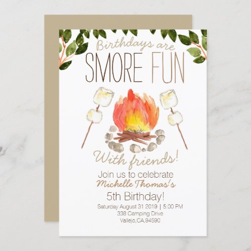 Smore campfire camping birthday invitation