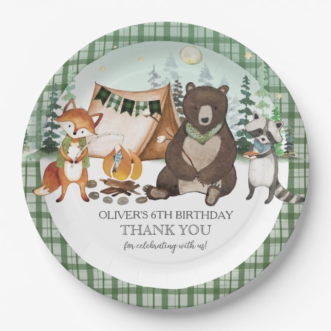 S'more Camping Bear Fox Raccoon Bonfire Birthday Paper Plates (Front)