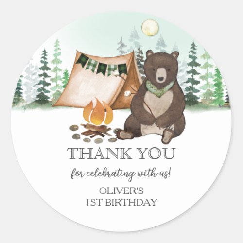 Smore Camping Bear ONE Happy Camper 1st Birthday Classic Round Sticker