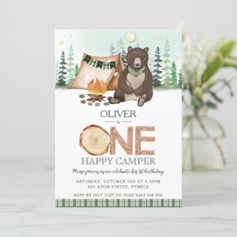 S'more Camping Bear ONE Happy Camper 1st Birthday Invitation | Zazzle