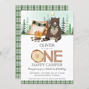S'more Camping Bear ONE Happy Camper 1st Birthday Invitation