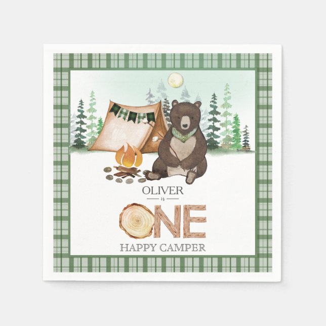 S'more Camping Bear ONE Happy Camper 1st Birthday Napkins (Front)