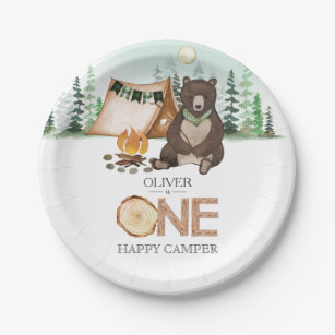 S'more Camping Bear ONE Happy Camper 1st Birthday Paper Plates