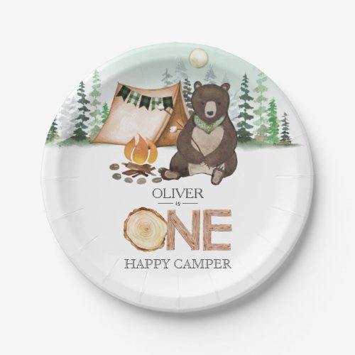 Smore Camping Bear ONE Happy Camper 1st Birthday Paper Plates