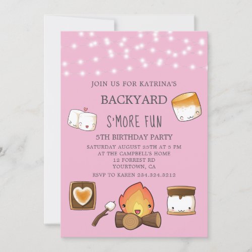Smore Fun Backyard Campfire Pink Girl Birthday Invitation